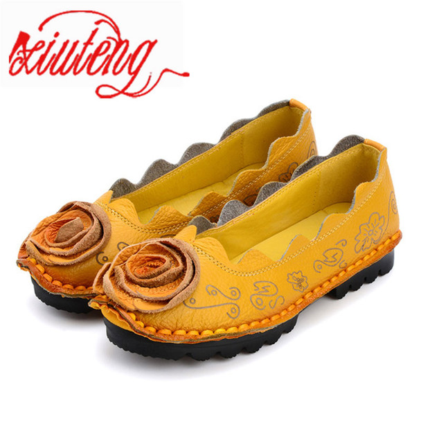 Xiuteng 2018 Handmade Genuine Leather Shoes flat Flowers Single Shoes National Wind Comfortable Soft Bottom Summer Peas Shoes