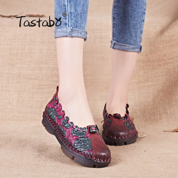 Tastabo Summer Floral Pleated Shoes Female  Genuine Leather Flats Fashion Women Shoes Slip-on Nurse Peas Loafer Flats 