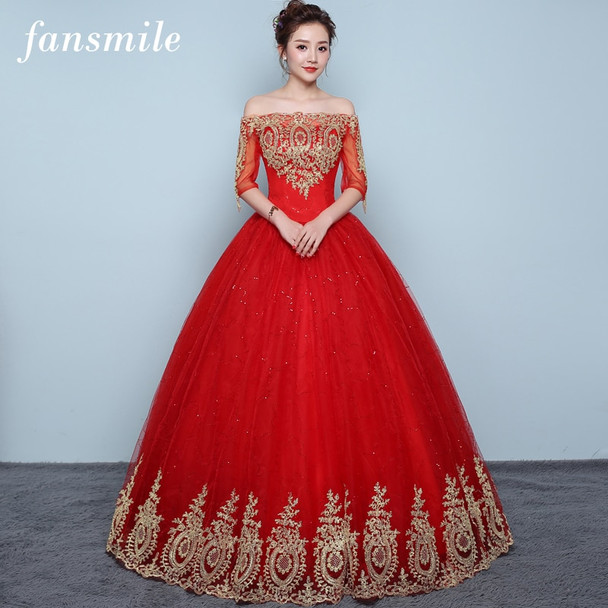 Fansmile 2018 Tulle Mariage Off Shoulder Vestido De Noiva Lace Ball Wedding Dress Custom-made Plus Size Bridal  Gowns FSM-417F