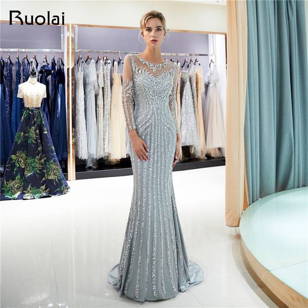 Luxury Beaded Evening Dresses Long Sleeves Scoop Mermaid Prom Dress 2019 Grey/Champagne Robe de Soiree SQ8