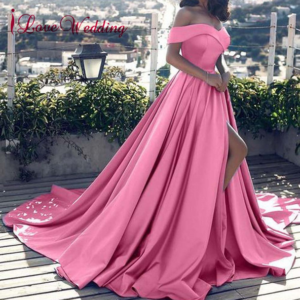 iLoveWedding Pink Evening Dresses Sexy V Neck Off the Shoulder Satin A Line Elegant Long Prom Party Gown Vestido de Festa Curto