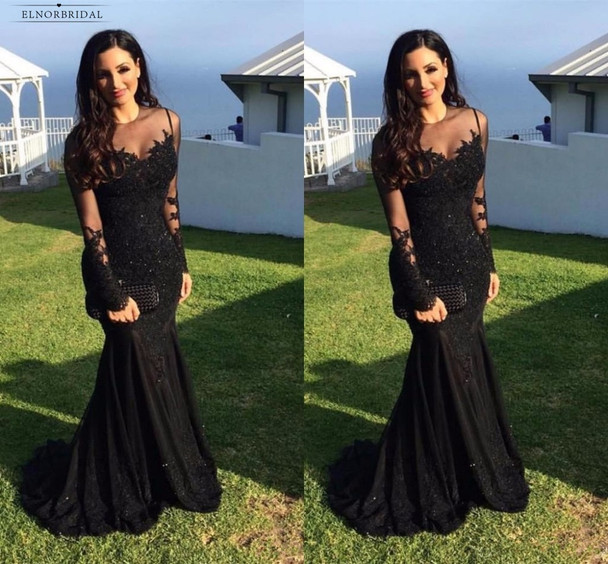  Generous Black Mermaid Evening Dresses 2018 Long Sleeved Prom Dress Galajurk Robe De Soiree Sheer Formal Party Gowns