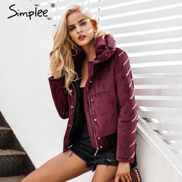 Simplee Velvet cotton padded basic jacket coat Women warm wine red   parkas jackets female 2017 autumn winter casual outerwear