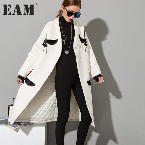 [EAM]  2018 new  Temperament Woollen Overcoat Two-sided Embroidery Woolen big Coat women fashion HA04202S