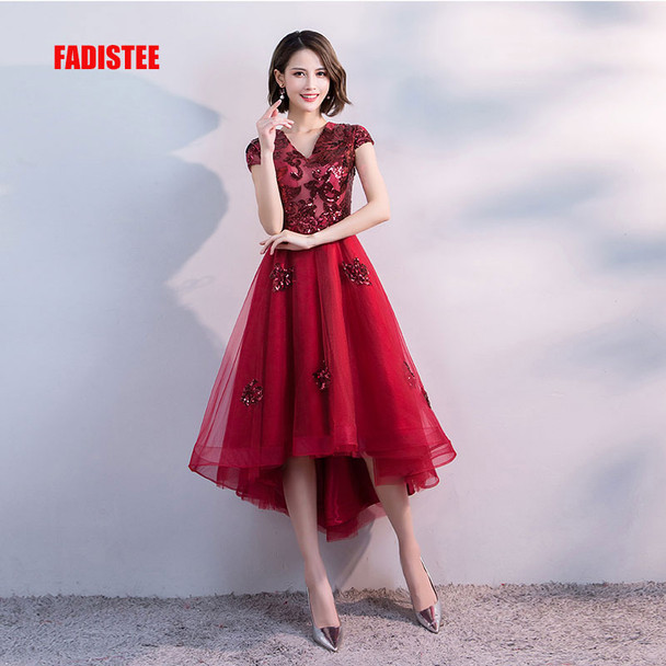  FADISTEE short dresses high-low back cocktail party zipper simple style satin sequin Burgundy prom dress style