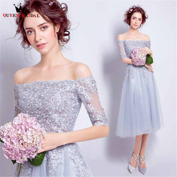 QUEEN BRIDAL Cocktail Dresses A-line Tea Length Half Sleeve Lace Beading Short Party Gown 2018 Vestido De Festa JW50M