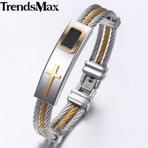 Trendsmax Men's Bracelet Bangle Cross ID Charm Stainless Steel 3 Strands Rope Wristband Wholesale Dropshipping Jewelry KKB533