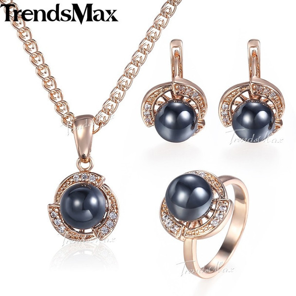 Black Pearl Jewelry Set For Women Girls Earrings Ring Pendant 585 Rose Gold Pendant Necklace Fashion Gifts Woman Jewelry KGE120