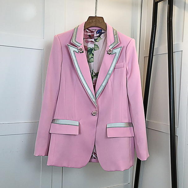 HIGH QUALITY New Fashion 2018 Star Style Blazer Women's Single Button Floral Liner Rose Blazer Outer Coat Pink