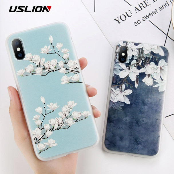 USLION Matte TPU Flower Phone Case For iPhone X 8 Plus Magnolia Floral Back Cover For iPhone 7 6 6S Plus Soft Silicone Cases