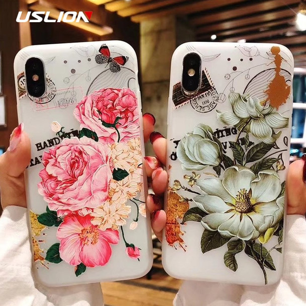 USLION Phone Case For iPhone XR XS Max 8 7 Plus 3D Relief Flower Cases For iPhone 6 6s Plus Matte Floral Silicone TPU Back Cover