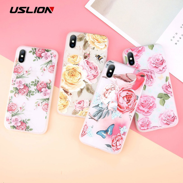 USLION Case For iPhone XR XS Max Rose Floral Phone Cases For iPhone X XS 3D Relief Flower TPU Silicone Soft Back Cover Coque