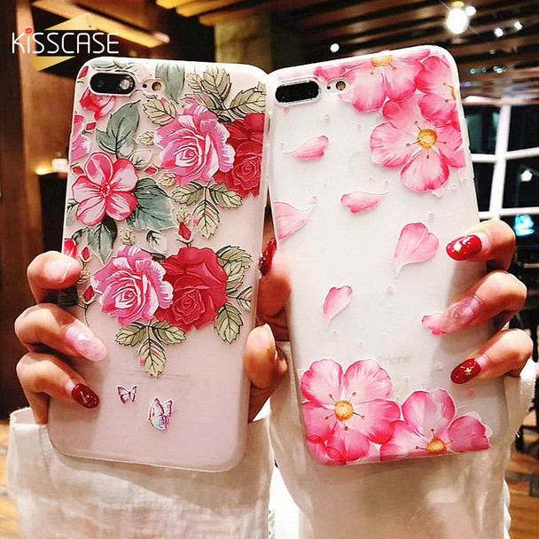 KISSCASE 3D Case For iPhone 7 6 s 6s 8 Plus 5s X Xr X Max Cover Flower Leaf Relief Soft Cover For iPhone 6 6s 7 8 Silicone Funda