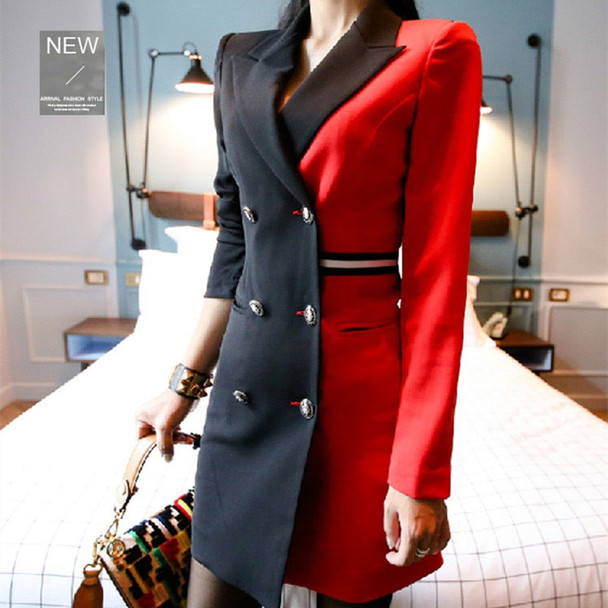 Wonderful Woman Blazer Formal Dress For Work Autumn Double-breasted black and red Patchwork Three Quarter Sleeve Pencil Dresses