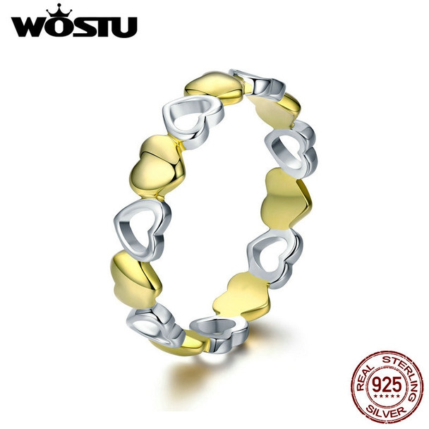 WOSTU Real 925 Sterling Silver Stackable Gold Color Heart Ring for Women Luxury Brand Anniversary Jewelry Gift For Wife CQR317