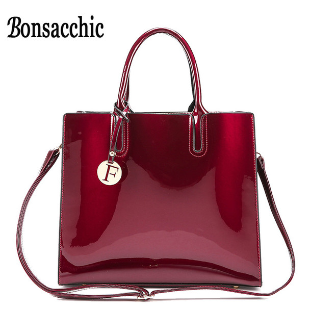 Bonsacchic Red Patent Leather Tote Bag Handbags Women Famous Brands Lady's Lacquered Bag Red Handbag for Women Shoulder Bag Sac