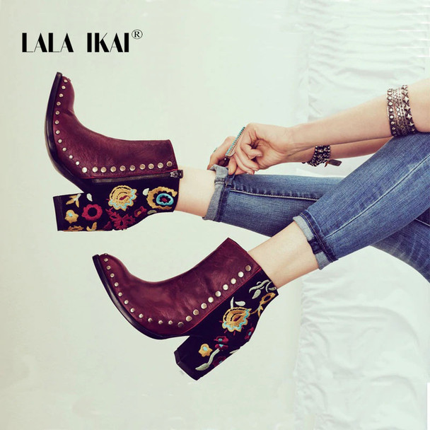 LALA IKAI Women Embroider High Ankle Shoes Boots Wine Red Flock PU Leather Plus Size Zipper Rivet Flower Shoes 014C2292 -49