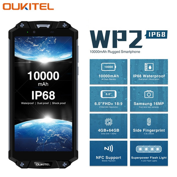 OUKITEL WP2 IP68 Waterproof Dust Shock Proof Mobile Phone 6.0inch 4GB+64GB MT6750T Octa Core Android 8.0 10000mAh NFC Smartphone