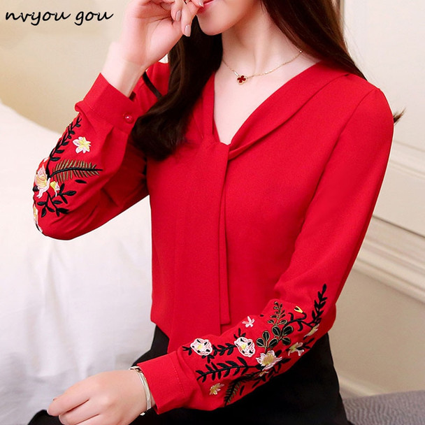 nvyou gou Chiffon Embroidery Blouse 2019 New Fashion Women Tops Long Sleeve Bow Tie Neck Elegant Shirt Office Lady Casual Wear  