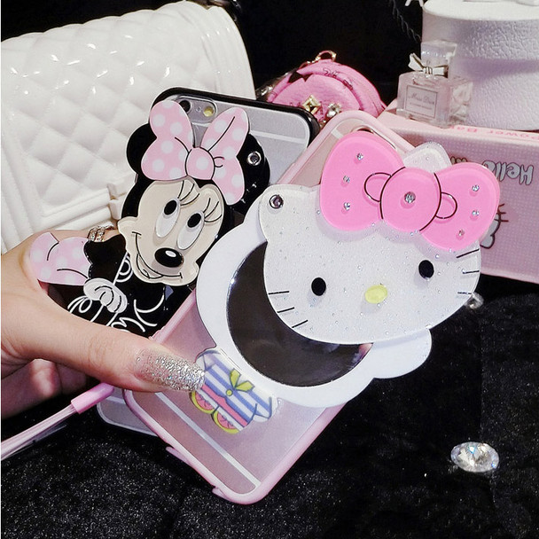 lovely Hello Kitty Mickey Mouse With mirror Silicone soft TPU cover For Samsung Galaxy S8 Plus S7 S7 edge phone case With chain