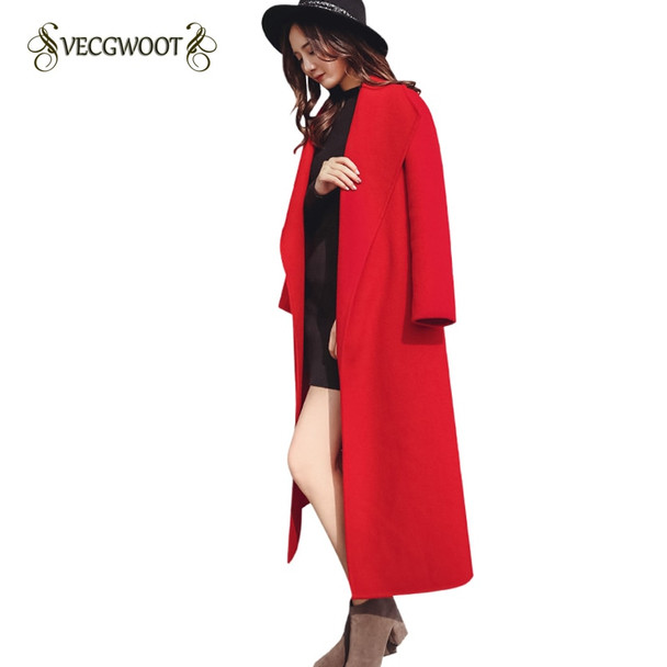 2019 Winter New Korean Red Woolen Jacket women's Slim Collect waist Long knee over Thick Woolen Coat Female Outwear S-2XL WYT550