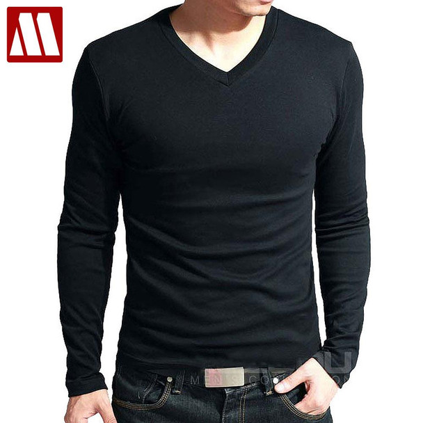 New spring high-elastic cotton t-shirts men's long sleeve v neck tight t shirt Asia S-XXXXXL