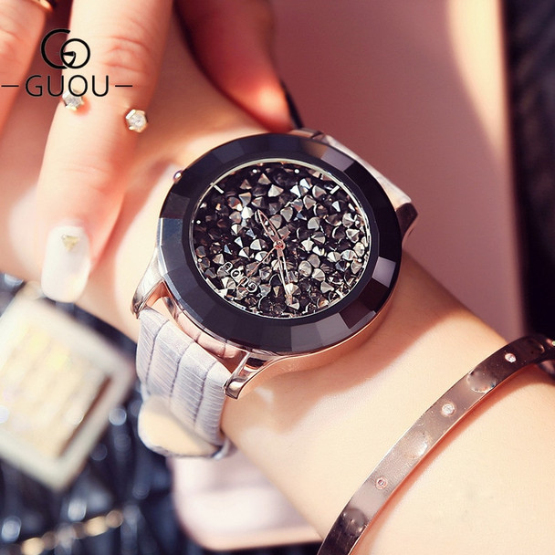 GUOU Women's Watches Luxury Rhinestone Diamond Watch Women Watches Genuine Leather Ladies Watch Clock saat relogio feminino gift