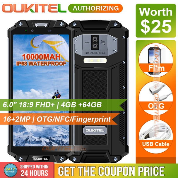 OUKITEL WP2 IP68 Waterproof Dust Shock Proof Mobile Phone 4GB 64GB MT6750T Octa Core 6.0" 18:9 10000mAh Fingerprint Smartphone