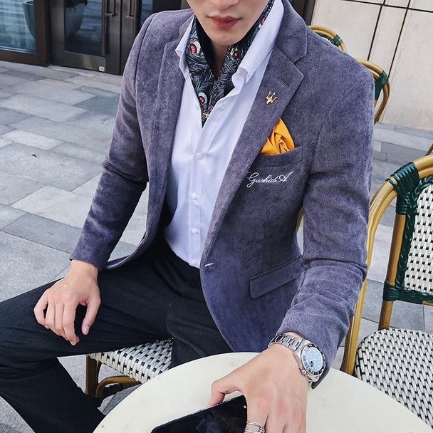 Corduroy Blazer Men Slim Fit Green Khaki Grey 2018 Male Blazer Suit Jacket Gold Embroidery Terno Masculino Korean Men Blazer