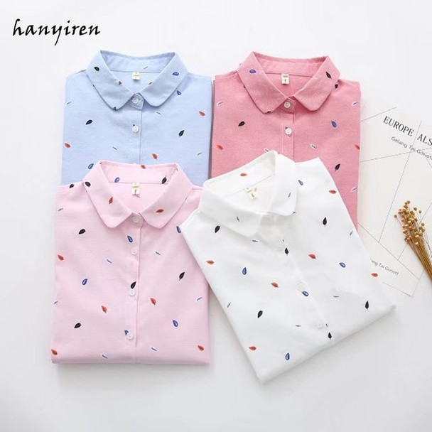 Hanyiren Long Sleeve Print Blouse Turn Down Collar White Blue Shirt Plus Size Office Lady Casual Tops blusas mujer de moda 2018