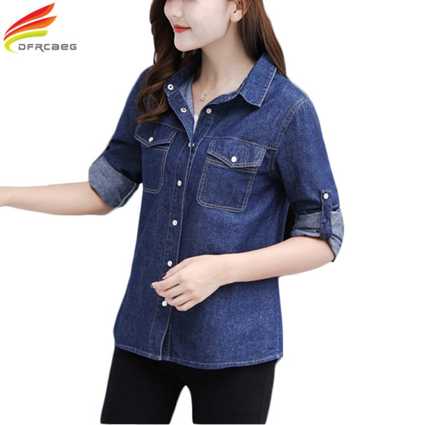 S-3XL Plus size Woman Denim Shirts Vintage Long Sleeve Blue Blusa Jeans Casual Loose Women Blouses Button Autumn Camisa Feminina