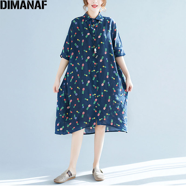 DIMANAF Plus Size 2018 Summer Blouse Women Linen Cardigan Loose Pineapple Print Blue Sweet Fashion Casual Short Sleeve Blouse