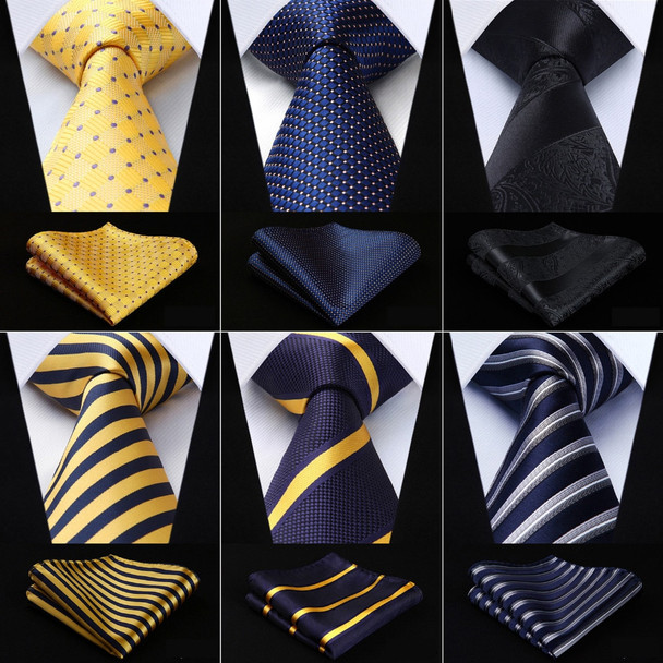 Men Extra Long Tie Pocket Square Classic Party Wedding Dot Striped 3.4" Silk Fashion Wedding  XL Necktie Handkerchief Set #Q7