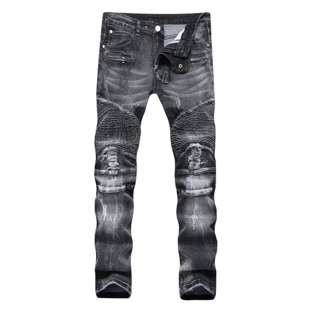 YUANL SH New Ripped Jeans Men Stretch Cargo Denim Biker Jeans with Zippers Pleated straight brand jeans Men's Scratched Pants