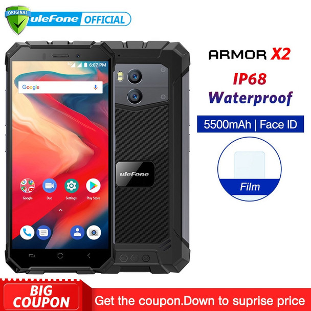 Ulefone Armor X2 IP68 Waterproof Mobile Phone Android 8.1 5.5" HD Quad Core 2GB+16GB NFC Face ID 5500mAh Smartphone