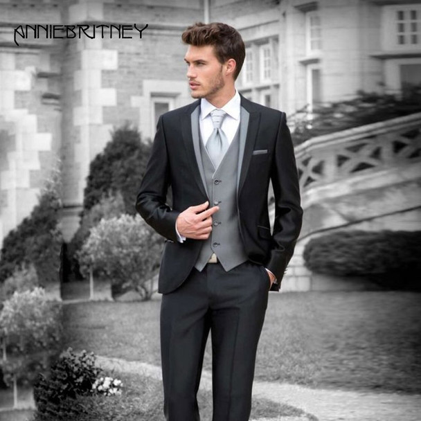 Retro Italian Black Wedding Suits for Men Grey Vest Slim Fit Terno Masculino Groom Tuxedo 3 Pieces Handsome Male Blazers Jacket