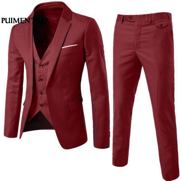 Puimentiua Slim Suit Men Male Suits Business Formal Dress Blazer Wedding Office Pants Set costume homme 3 pieces costume homme