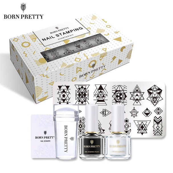 BORN PRETTY Nail Stamping Starter Kit Geometry Nail Stamping Plate with Clear Jelly Stamper Black White Stamping Polishes Set