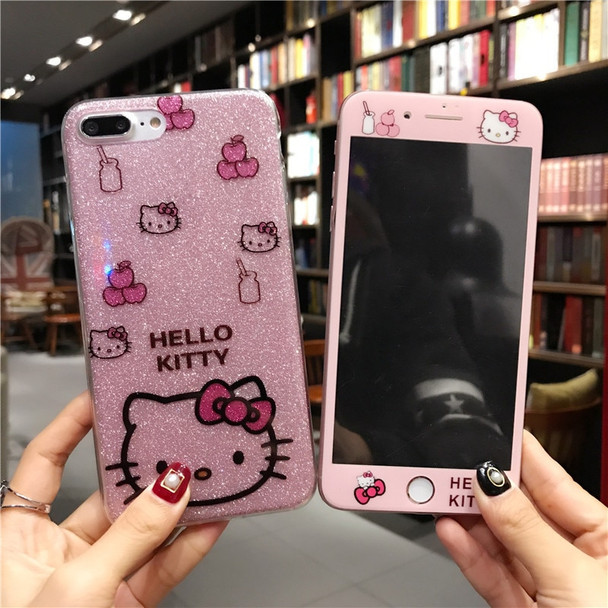  For iphone 8 /7 plus bling case pink Hello Kitty soft TPU Cover for Apple iPhone X / 10 /6 6S 6sPlus Tempered Glass screen film