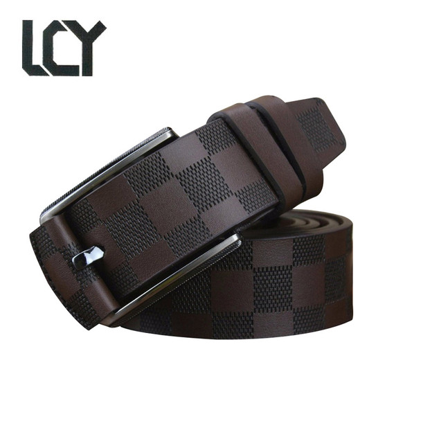 [LCY]Men Luxury Plaid 100% High Quality Leather Belt for Men Jean Casual Fashion Pure Leather Belt Pin Buckle Black Strap 400334