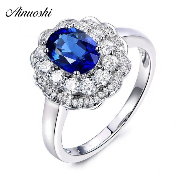  AINUOSHI 1.25 Carat Oval Cut Blue Sona 4 Prongs Bridal Halo Rings 925 Sterling Silver Flower Wedding Engagement Silver Ring Gift