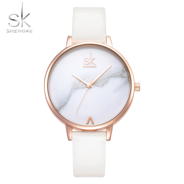 Shengke Fashion Women Watches Elegant Female Wrist Watches  White Leather Watches Quartz Clock Montre Femme Marble Dial 2017 SK