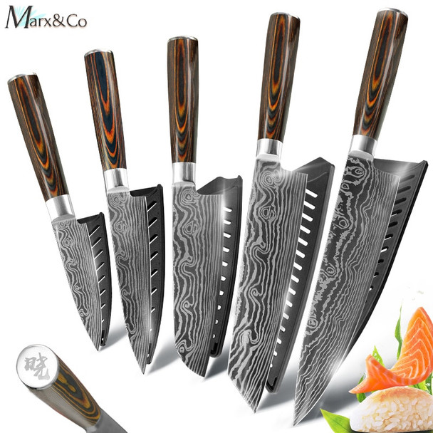 Kitchen Knife Set Chef Knives 7CR17 440C High Carbon Stainless Steel Japanese Style Utility Cleaver Paring Santoku 5 Piece Set