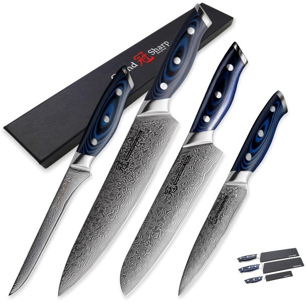 Grandsharp Damascus Knife Set 4 pcs Japanese Steel Chef Santoku Utility Boning Kitchen Knife Best Gift Chef's Kitchen Tools Pro 