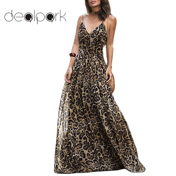  HOT Beach Summer Dress 2019 Leopard V Neck Strap Maxi Dress Women Elegant Sleeveless Clothing Floor-Length Ladies Dresses female