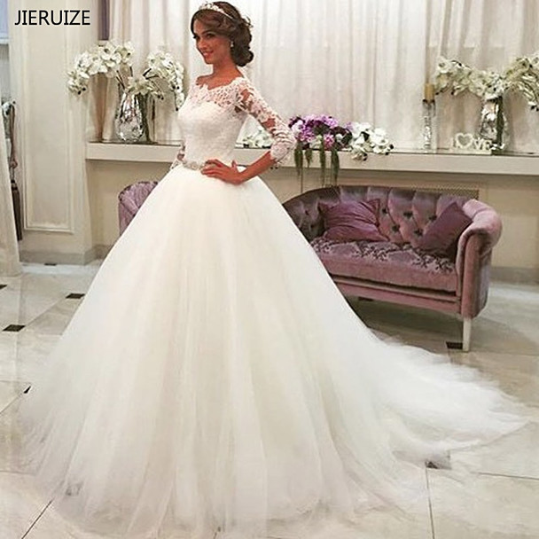 JIERUIZE White Lace Appliques Ball Gown Wedding Dresses 2019 Crystal Sash Button Back Wedding Gowns robe de mariee trouwjurk