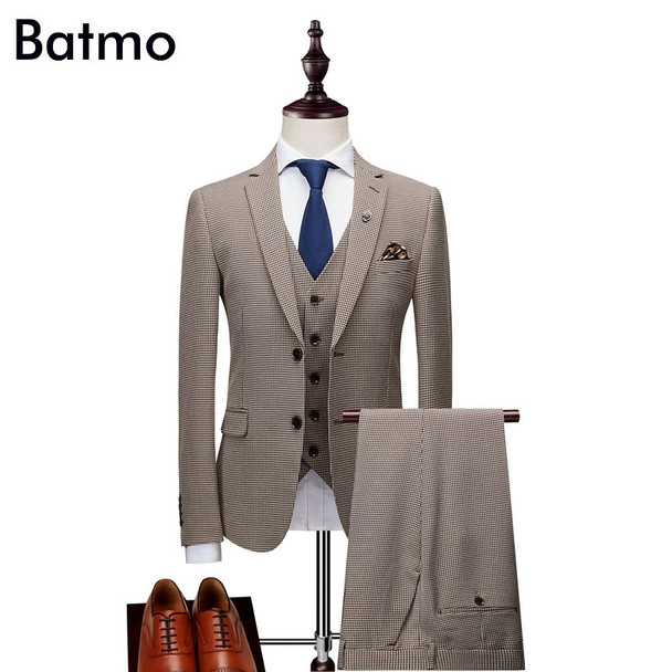  Batmo 2018 new arrival autumn high quality plaid casual skinny khaki suits men,men's print wedding dress,men's suits XZ167 