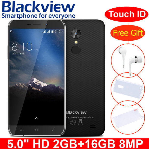 Blackview A10 Smartphone MTK6580A Quad Core 5.0" HD Screen 2GB RAM 16GB ROM Mobile Phone Rear Touch ID Android 7.0 3G Cellphone