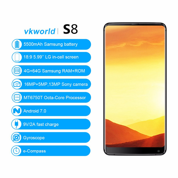 Vkworld S8 5.99" FHD+ 18:9 in-cell Mobile Phone Android 7.0 MTK6750T Octa Core 4GB RAM 64GB ROM 16MP Dual camera 4G Smartphone