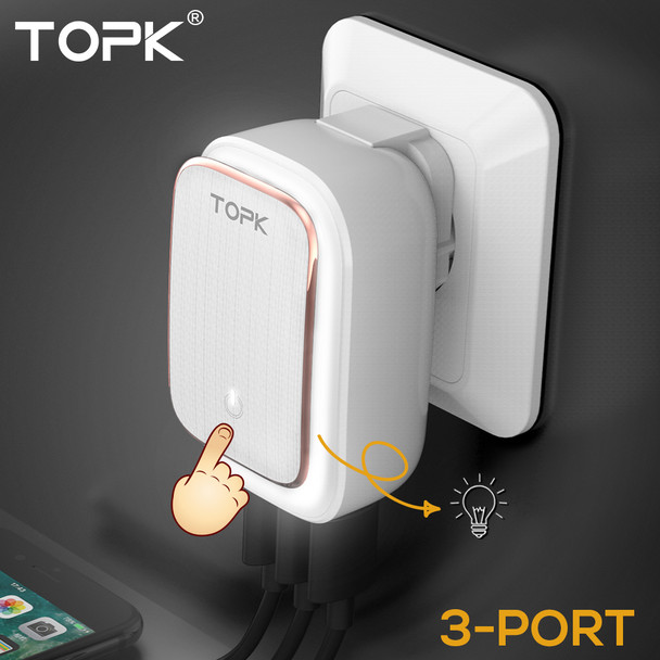 TOPK 5V 3.4A(Max) 3-Port LED Lamp USB Charger Adapter 2-IN-1 Travel Wall EU&amp;US Auto-ID Mobile Phone Charger for iPhone Samsung